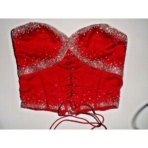Jovani Red Beaded Bustier SZ 0 Sexy Party Club Dance Costume Lace Up